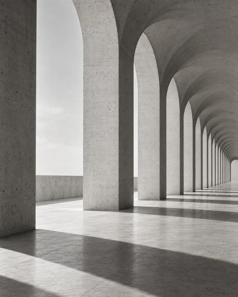 Galerie d’arches en pierre qui fuient en perspective sous la lumière