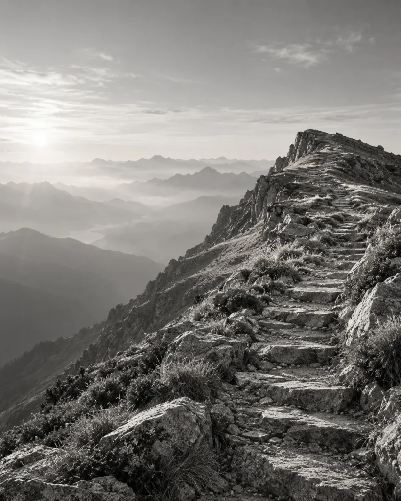 Sentier de pierre qui monte vers une crête, au-dessus d’une mer de montagnes